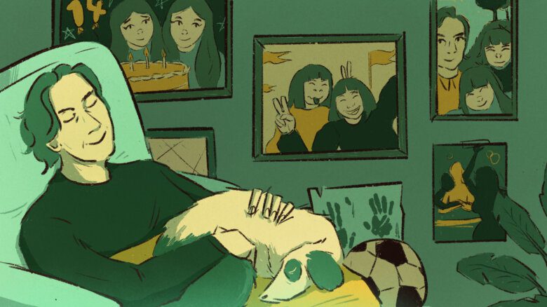 A person sits holding a small dog. Behind them are photos of twins, a soccer ball, and a finger painting.