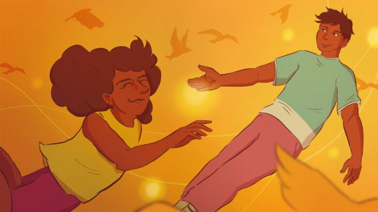 Illustration of an older person with their eyes closed, reaching toward a younger person with their eyes open and arms outstretched; both are floating against a golden background, surrounded by birds