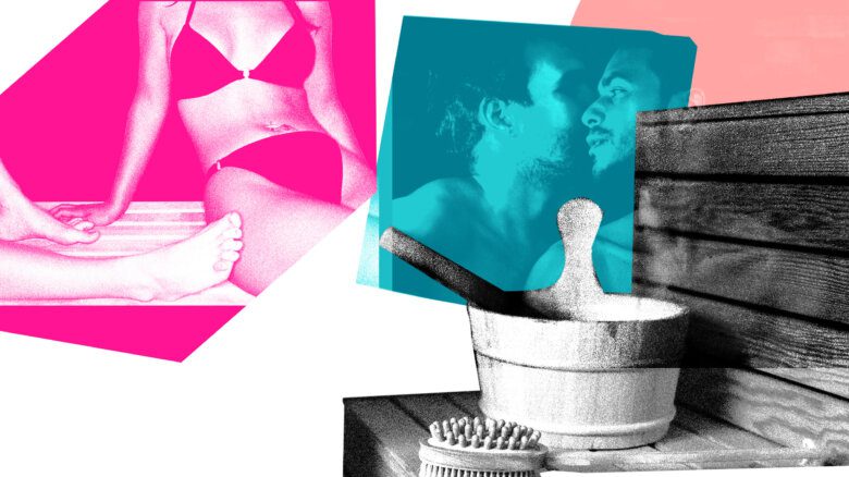 Collage of photos including a bucket, ladle and brush on a sauna bench; feet resting against the leg of a person in a bikini who is sitting on a bench; and one person whispering into another's ear