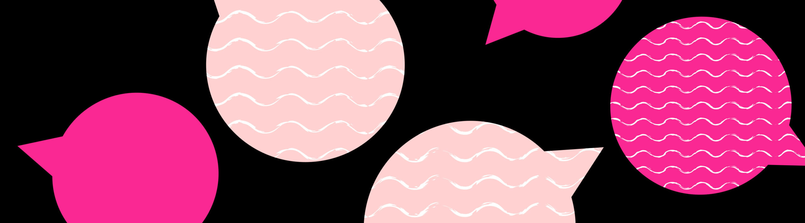 A bunch of word bubbles float in a black field.