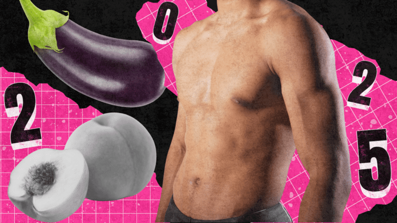 Collage with the numbers 2025, an eggplant, half a peach and a full peach, and a shirtless torso