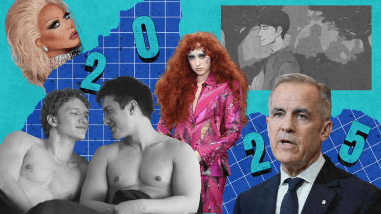 A collage of images including a still from Heated Rivalry, Mark Carney, Chappell Roan, RuPaul and a illustration of a person going into a park. The numbers "2025" appear around the images.